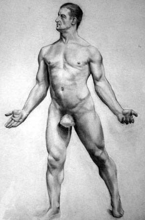 Academic drawing of a male nude by Olga Filatieff-Lomnovsky - nyfew.com
